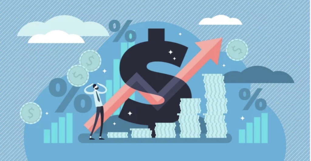 bustling economy with wage increases and a huge money symbol In the center